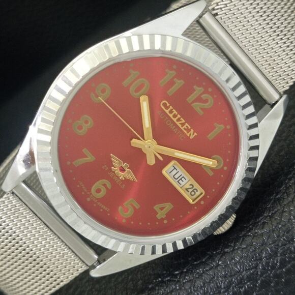 Vintage 1991 Citizen Automatic Mens Silver Watch W/daydate & Red accents